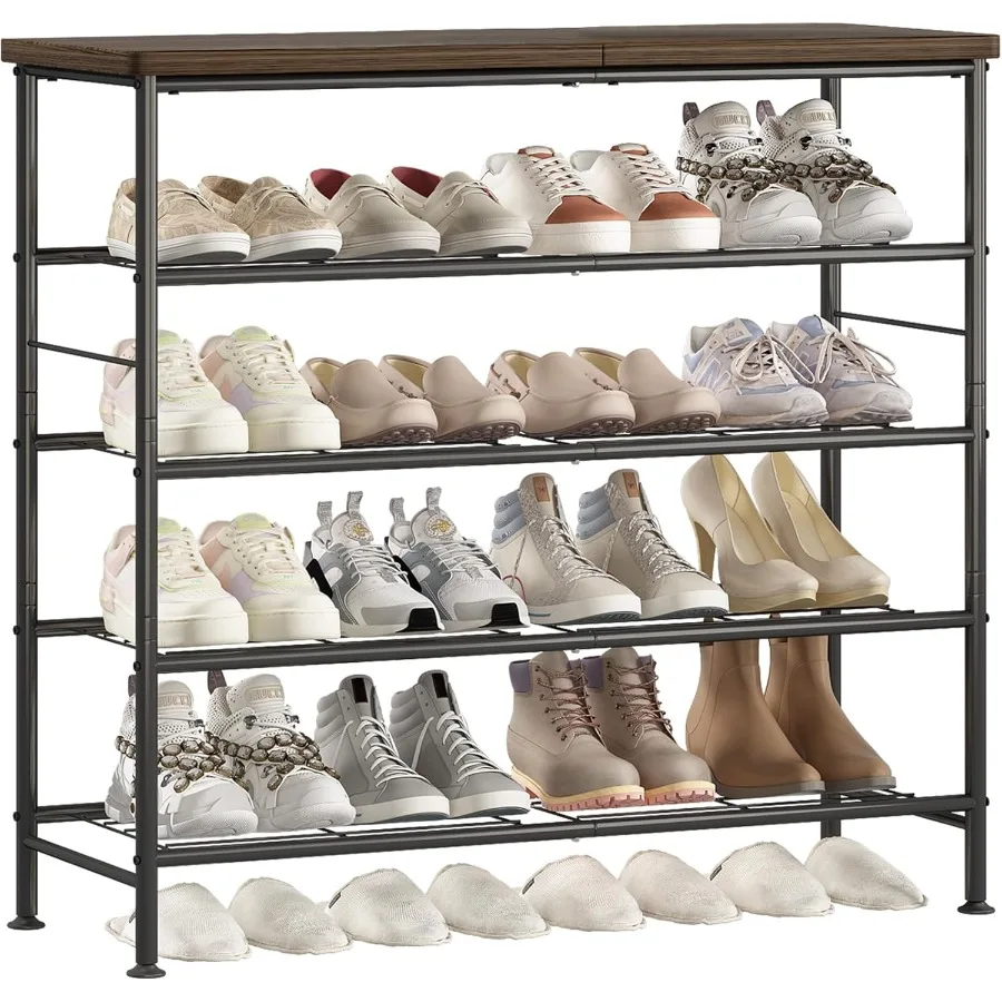 

5-Tier Free-Standing Metal Shoe Rack Organizer with MDF Top Board for Closet Entryway Storage Black and Rustic Brown Finish Dur