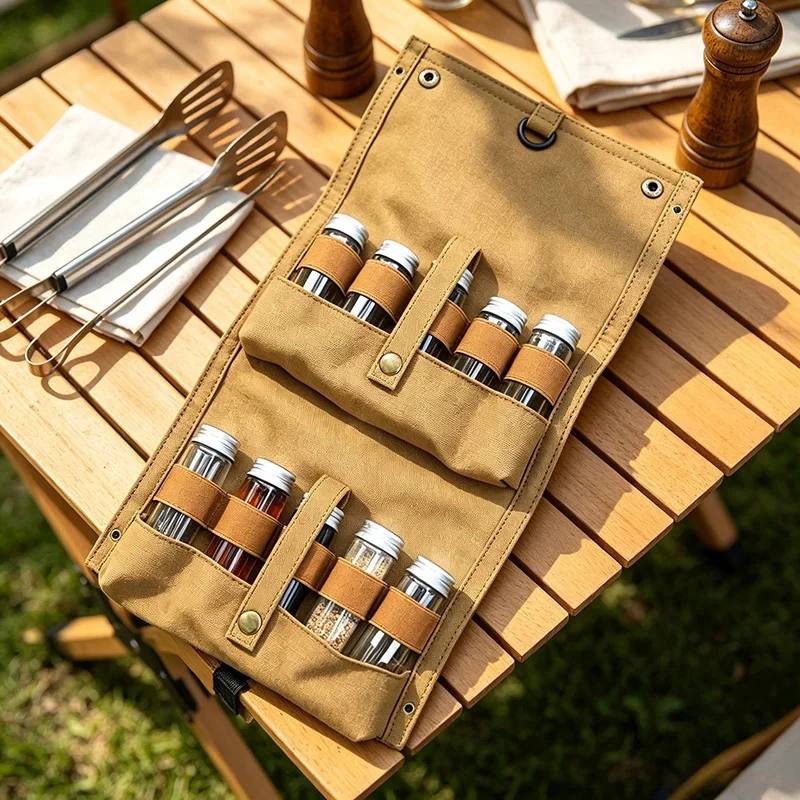 Seasoning Storage Bag 10 Glass Spice Bottles Camping BBQ Picnic Outdoor Cooking Condiment Organizer 16 oz Canvas Travel Pouch