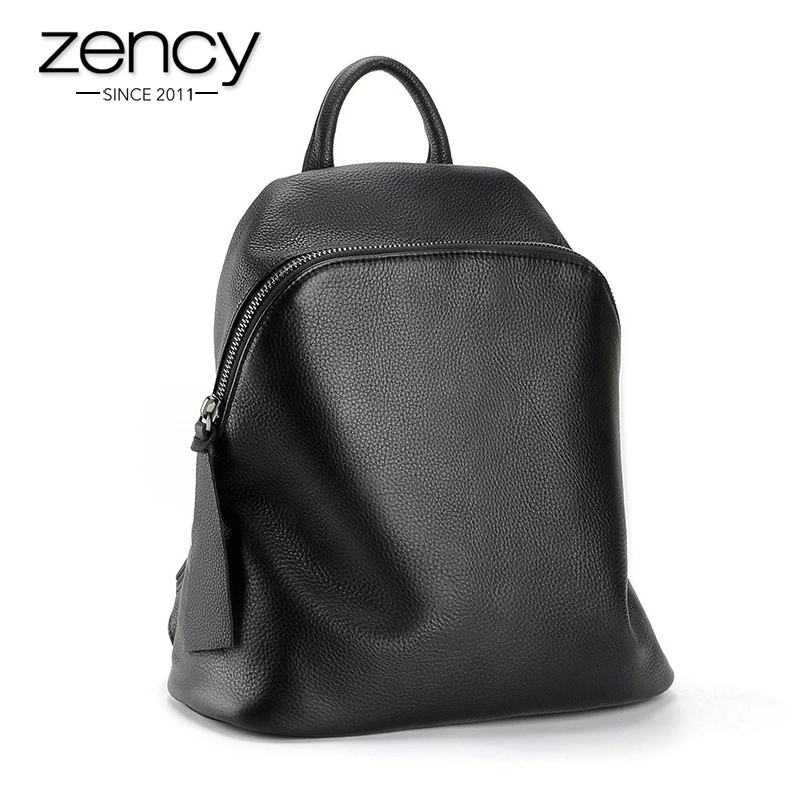 Zency 100% Cowhide Leather Women Backpack Designer Bag For Ladies Daily Holiday Travel Knapsack Classic Black Purse