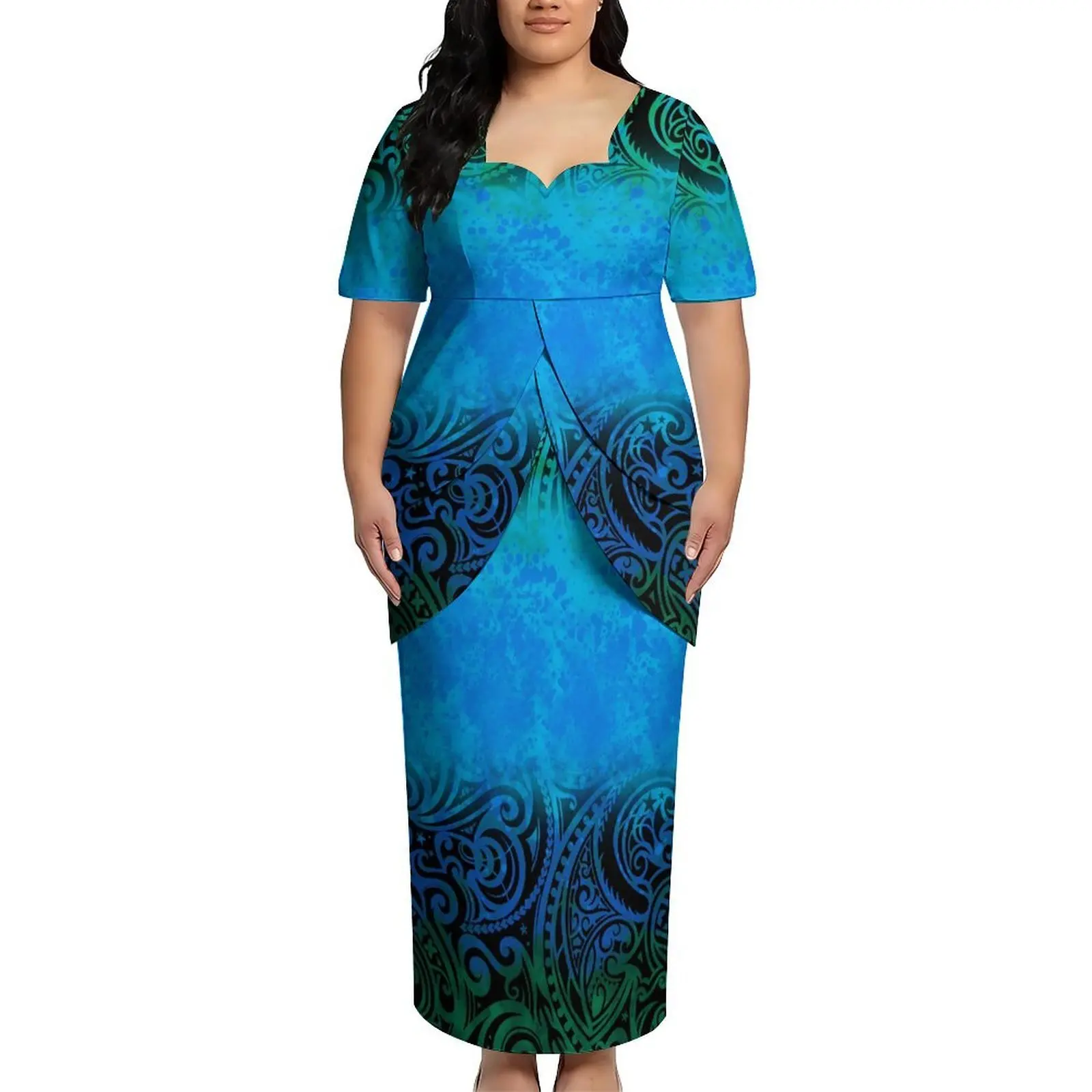 Beach Party High-Definition Pattern Customization Puletasi Flower Petal Double-Tiered Fringed Skirt Set High Quality Polynesian