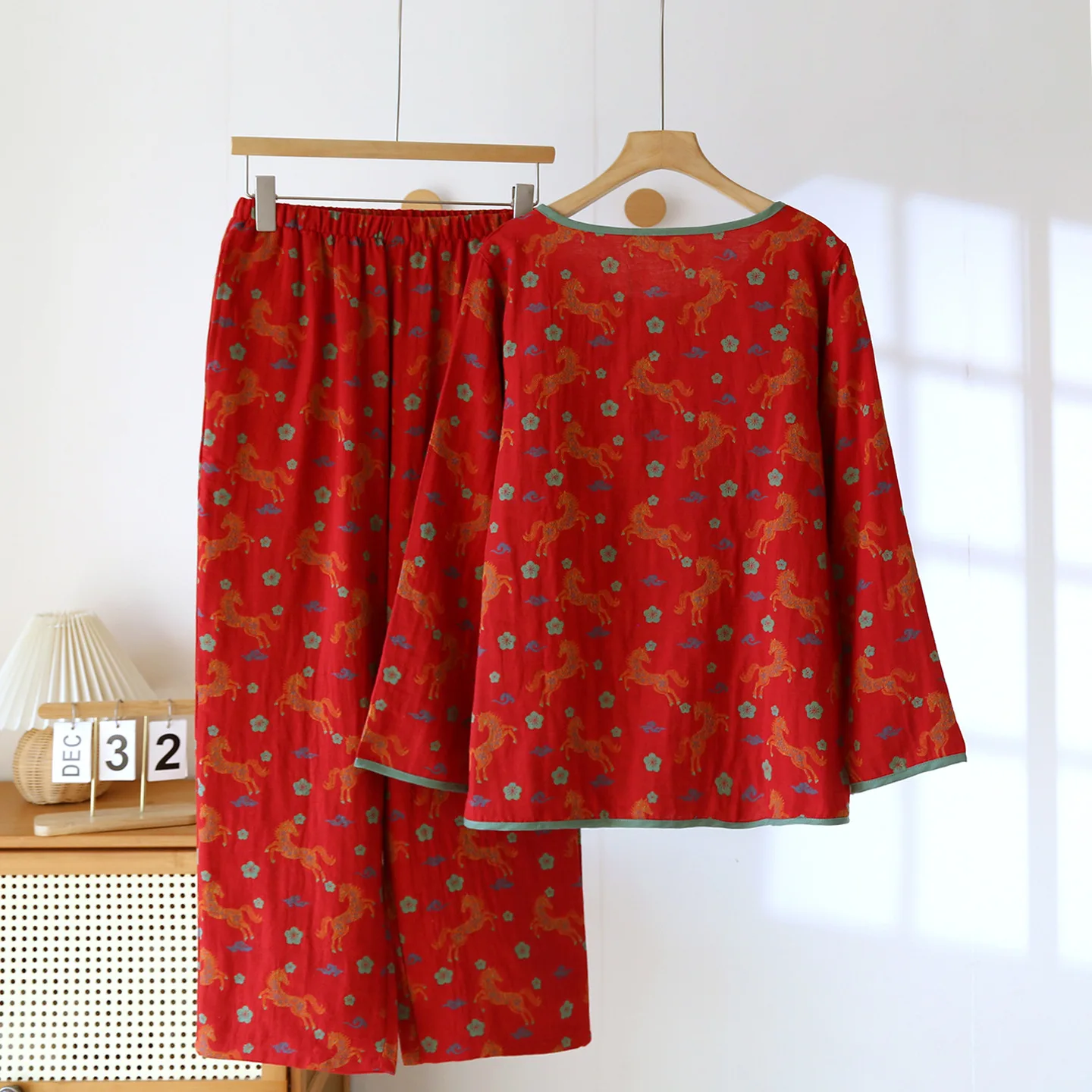 Summer Chinese Women's Pajama Set Cotton Round Neck Long Sleeve Pullover Pants Home Furnishing Two Piece Set