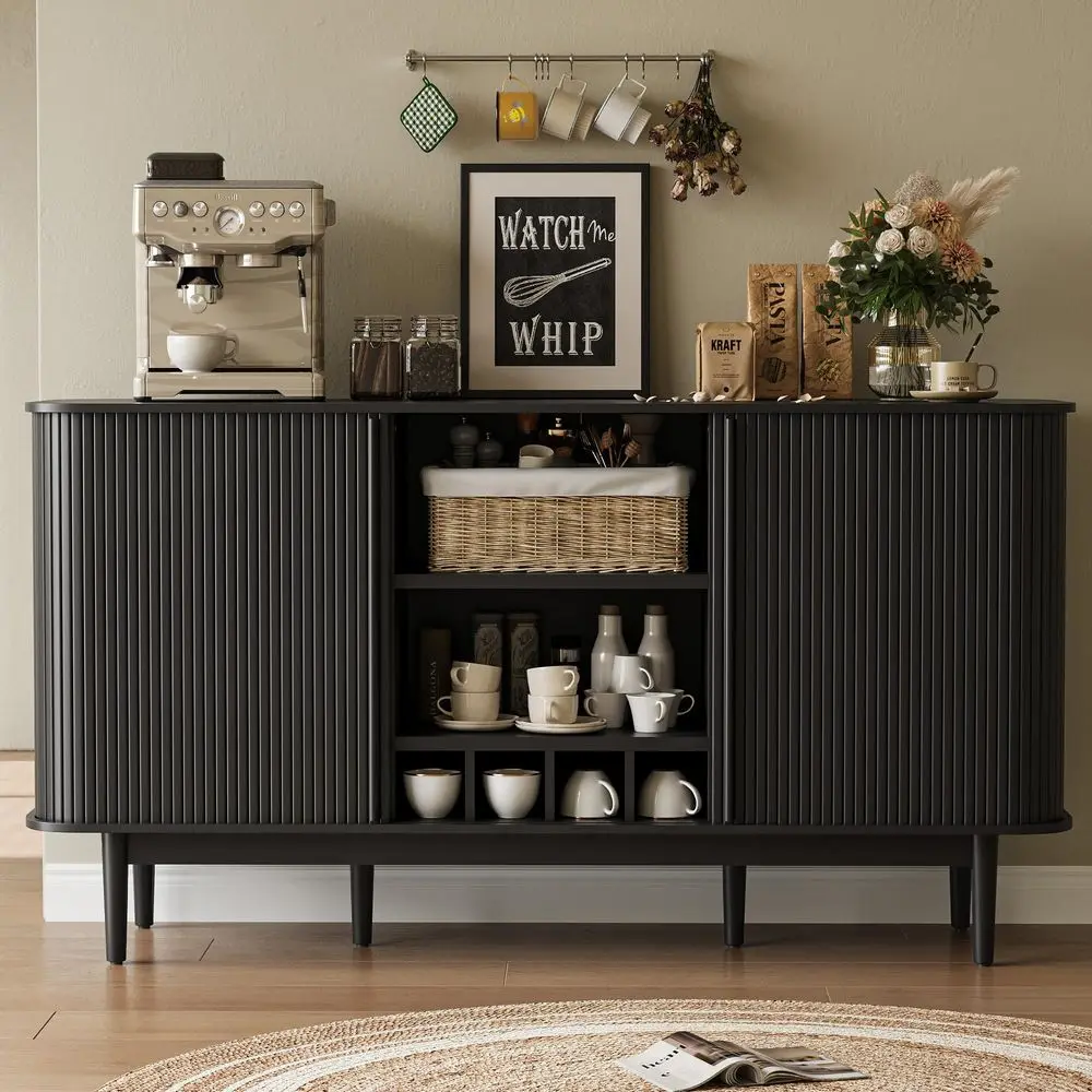 

Барный шкаф с местом для хранения, 59-дюймовый кофейный барный шкаф с рифлеными раздвижными дверцами, винный барный шкаф с 4 полками для вина для гостиной