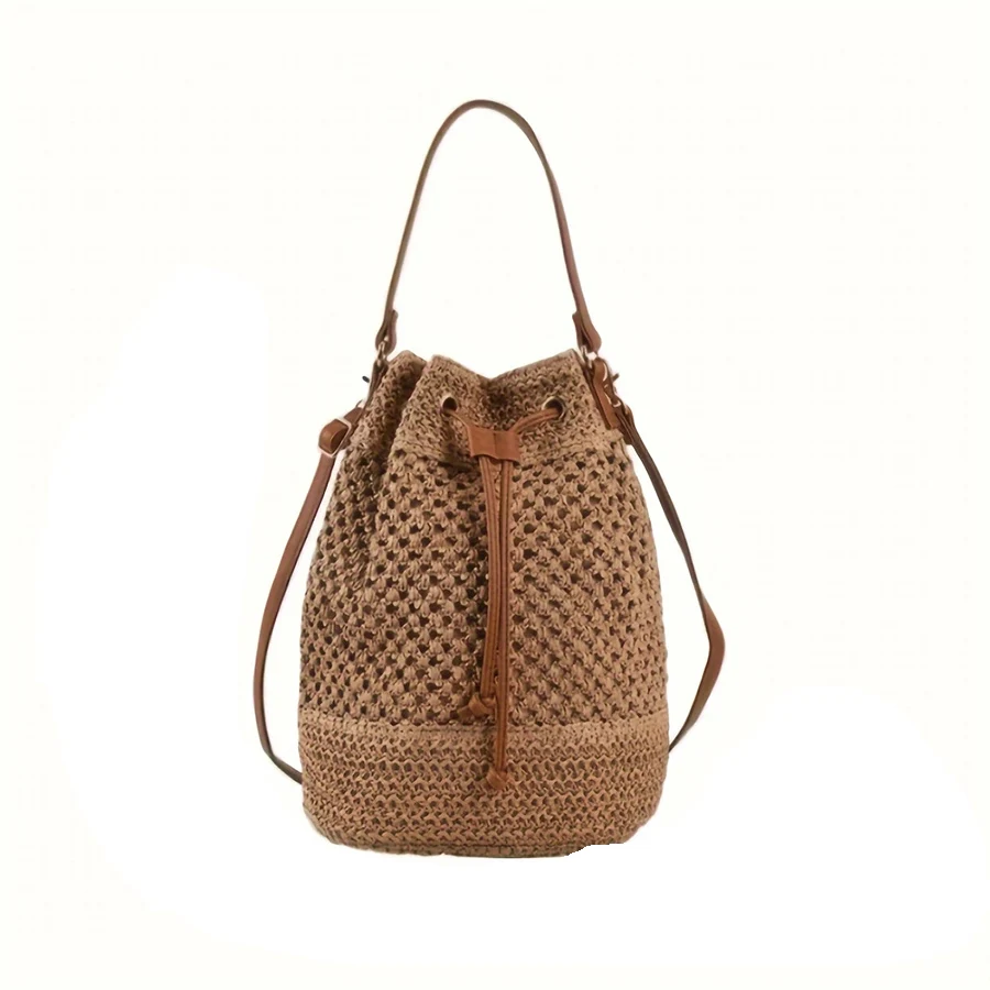 

New vacation-style straw woven bags, women's commuter crossbody bags, hand-woven bucket bags, hollow out single-shoulder bags