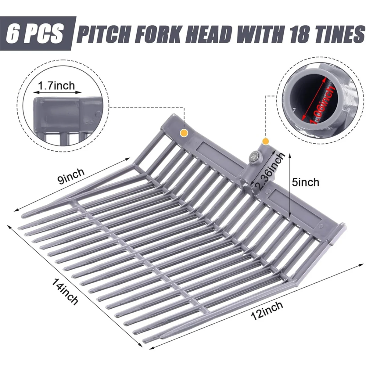 Manure Fork Replacement Head, Pitchfork Head, Horse Manure Rake, for Picking Up Manure, Stable Waste Removal,Grey,2pcs