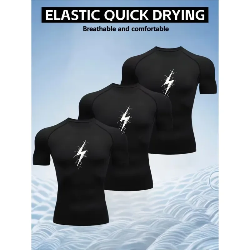 3PCS Mens Compression Shirt with Lightning Chest Print High Elastic Quick Dry Moisture Wicking Breathable Tight Fit Workout Gym