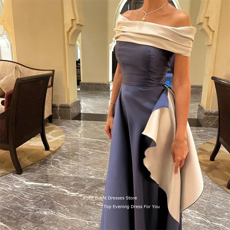 Xijun Prom Gowns Satin Evening Dresses Simple Prom Dress Navy Blue A Line Evening Dresses Boat Neck Sleeves Ankle Length Arabic