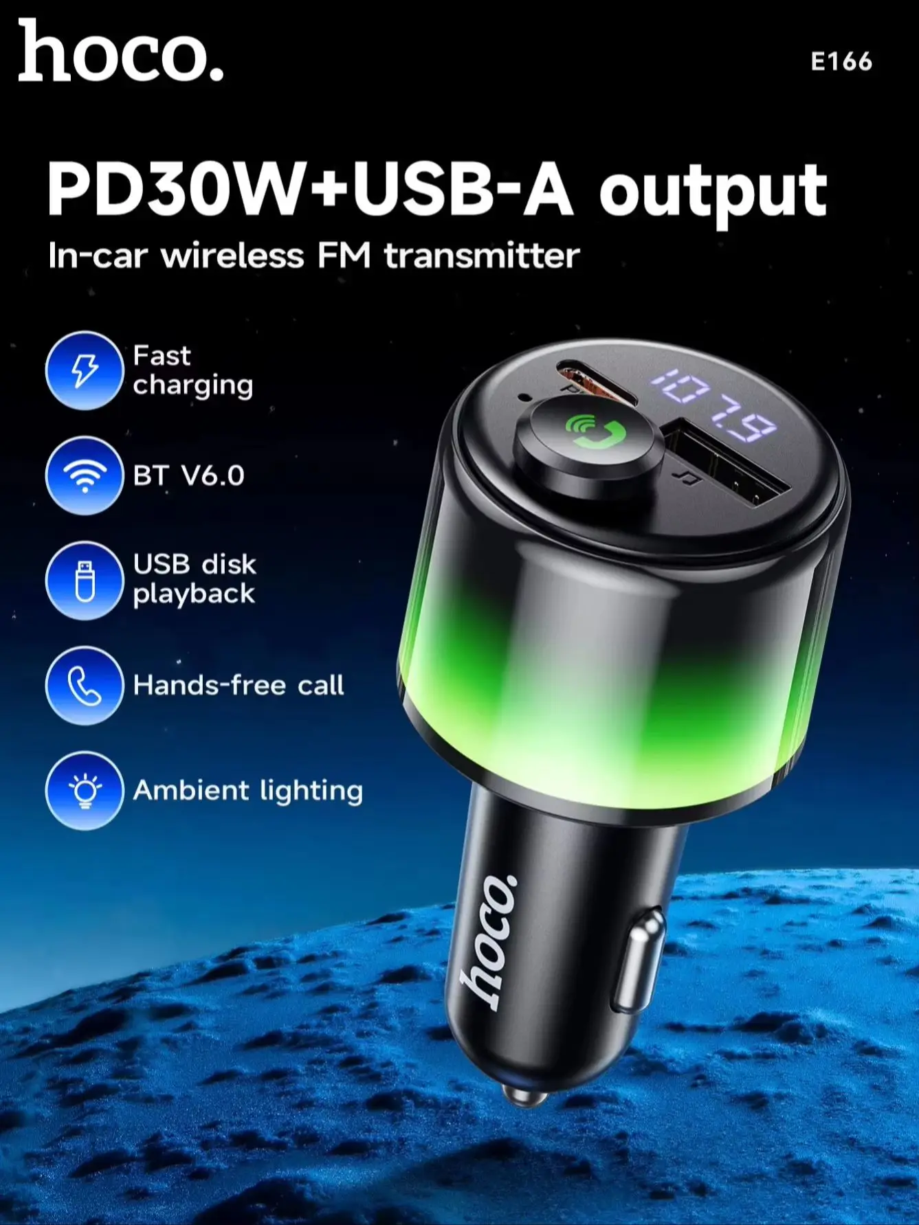 HOCO PD30W QC3.0 Samochodowy Bluetooth 6.0 FM Transmitter Zestaw Głośnomówiący Odtwarzacz MP3 Muzyka 360 Stopni Kolorowe Oświetlenie Ambientowe Zapalniczka Samochodowa — zdjęcie produktu 7