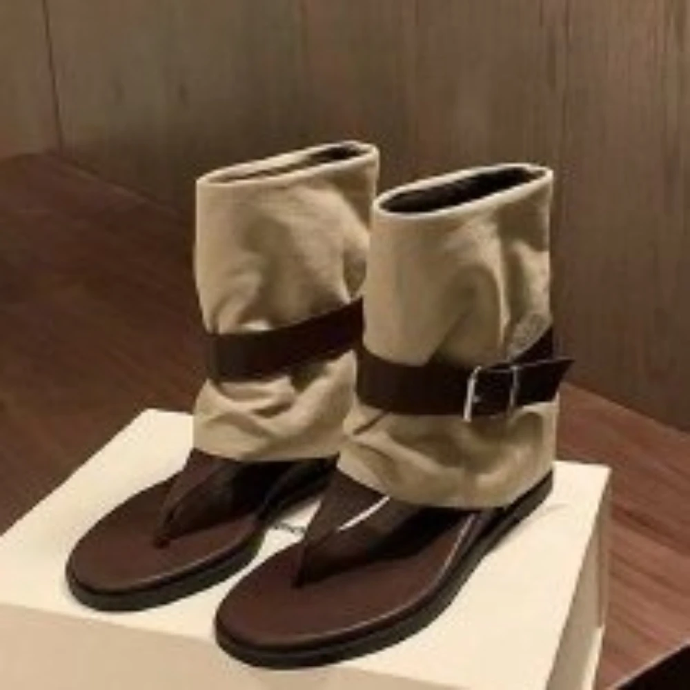 Sandalias Vintage con Bloques de Color y Anillo para el Dedo del Pie para Mujer, Botas Romanas Plegables de Ante con Hebilla, Zapatos Gladiador de Tacón Plano