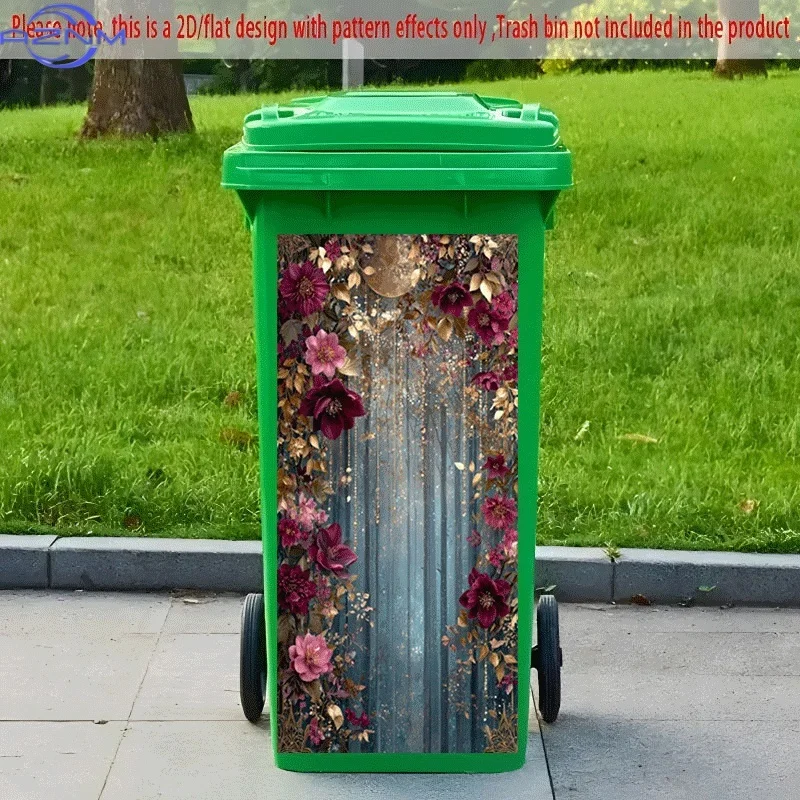 PC 2D Flat Self-Adhesive Trash Can Sticker, Floral-Ringed Mysterious Blue Curtain Decorative Sticker, Creative Trash Can Decor