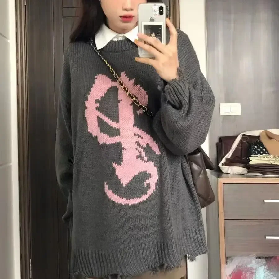 سترات نسائية محبوكة عتيقة بلوفرات دافئة مترهل فضفاضة برقبة مستديرة مطبوعة شعبية كل مباراة مريحة كلاسيكية Ulzzang