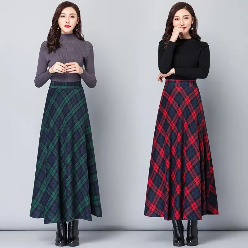 High-waisted Woolen Plaid Skirt Autumn/winter Ladies Fashion Elegant A- line Skirt Large Swing