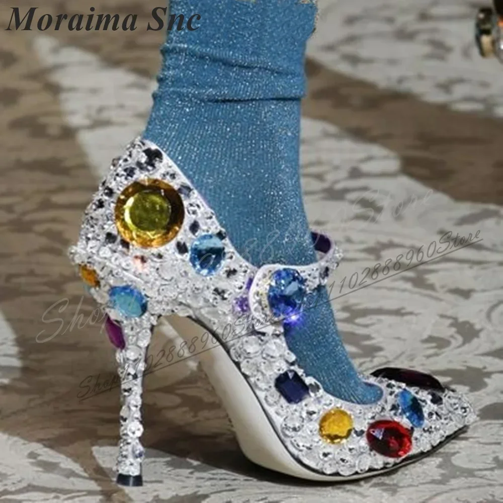 

Mixed Sparkling Crystal Luxury Pumps Thin High Heel Shoes For Women Button Strap Pointed Toe Fashion Party Zapatos Para Mujere