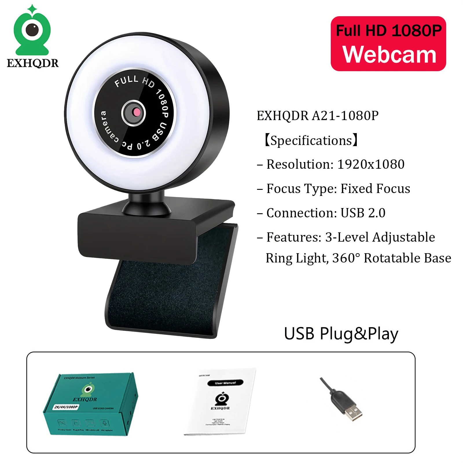 

Веб-камера EXHQDR 1080P FHD USB с 3-уровневой кольцевой подсветкой, фиксированным фокусом, 360° ° Вращение, Plug and Play для масштабирования/стриминной передачи/видеозвонков