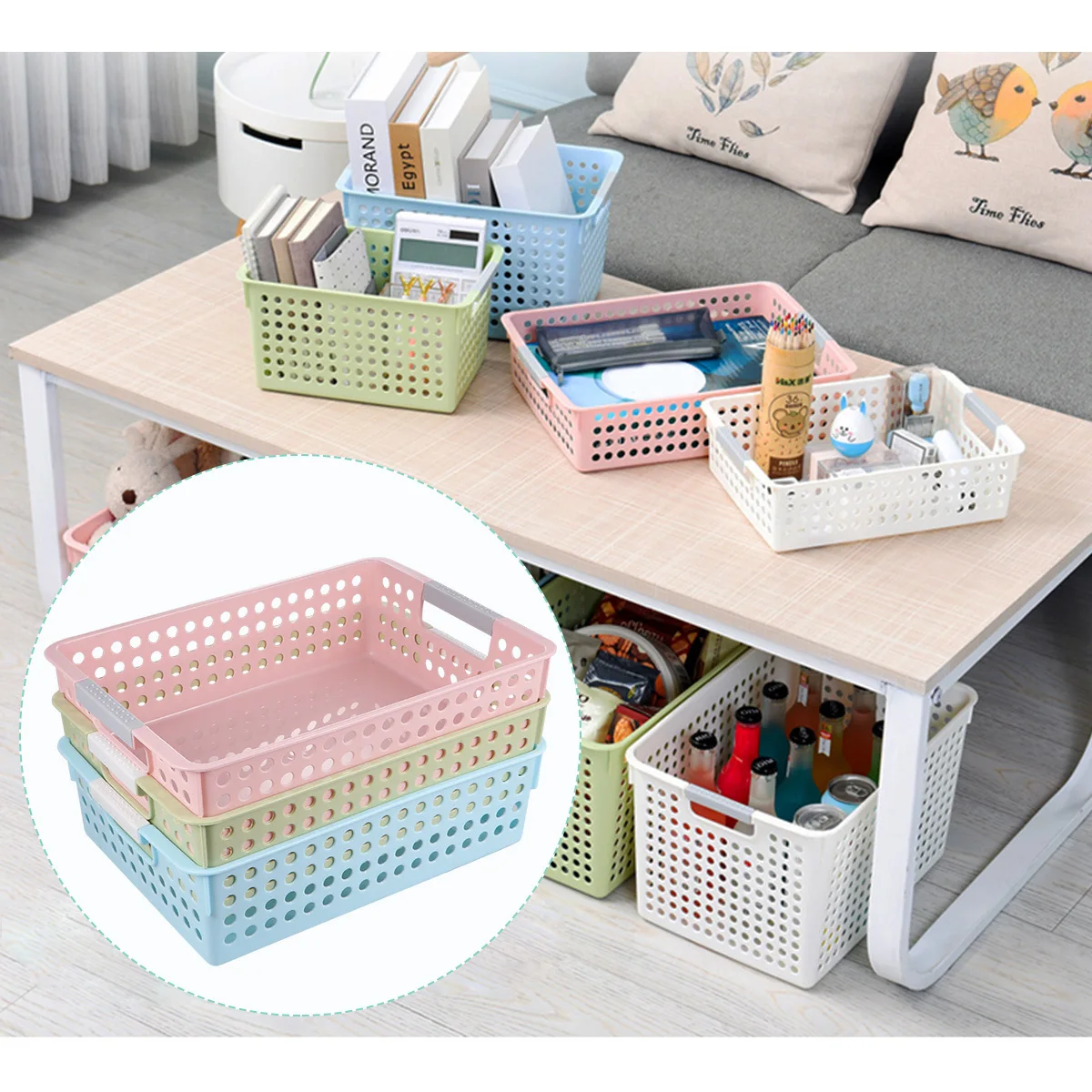 

3Pcs Long Lasting Plastic File Storage Containers Keep Desk Clean for Office Home Pink Green Blue Office Storage Basket