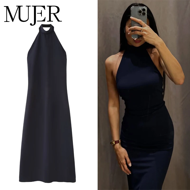 MUJER Ruched Halter Dress Woman off Shoulder Long Dresses for Women Sexy Backless Party Dresses Beach Midi Women's Summer Dress