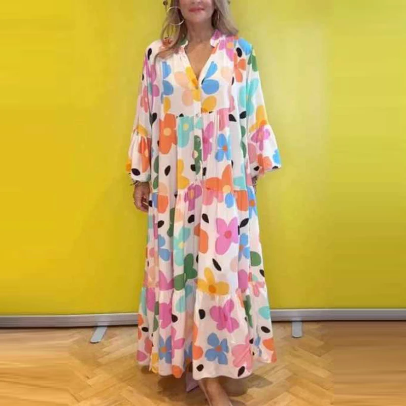 Vintage Summer Floral Print Bohemian Slim Women's Long Dress Vintage Elegant Pagoda Sleeve V Neck Party Dresses vestidos Largos