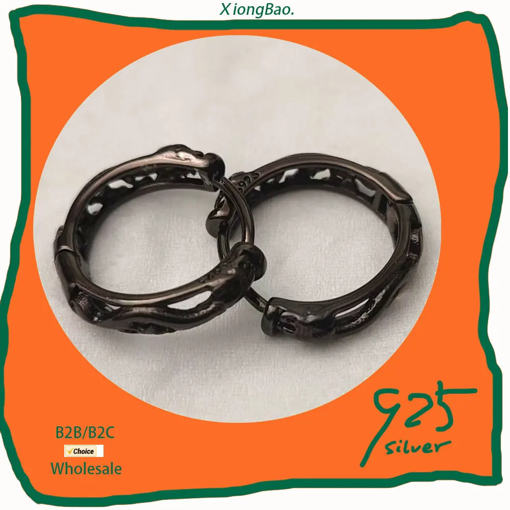 

New Vintage Stamp 925 Sterling Silver 14mm Big Round Black Hollow Women Fashion Men stud Earrings Simple Design Jewelry 2026 New