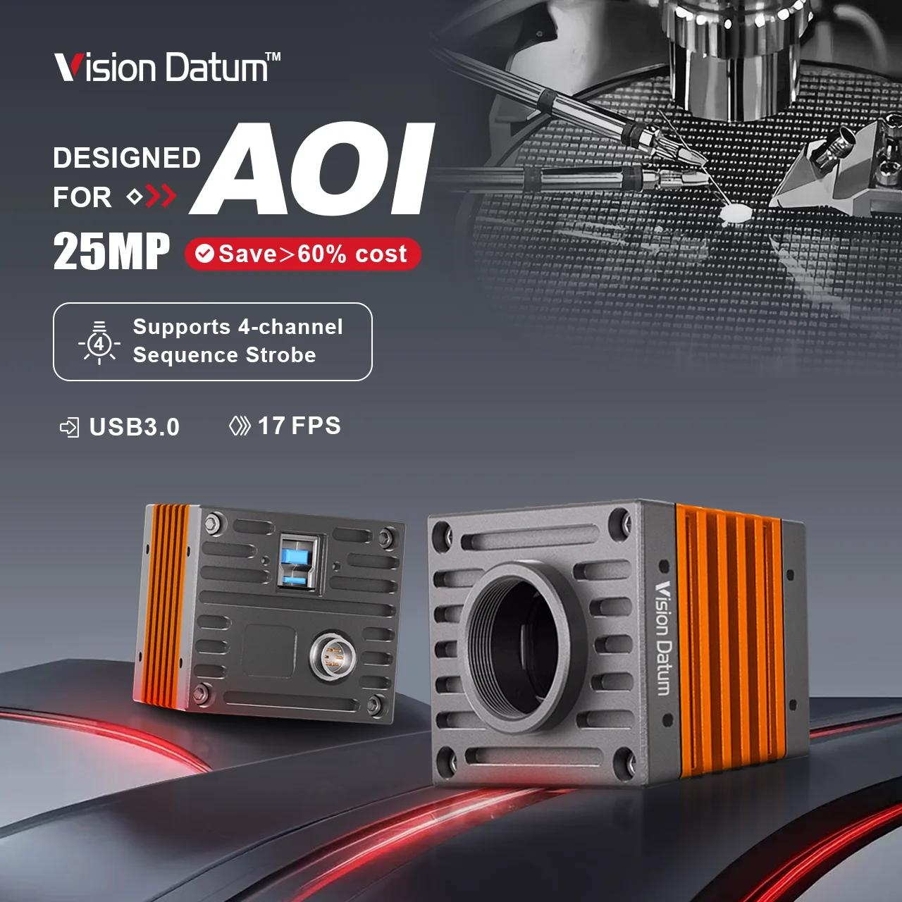 

4-канальная последовательность стробоскопа, 25 МП, 17 кадров в секунду, 1,1 дюйма, промышленная камера USB3.0 для проверки AOI