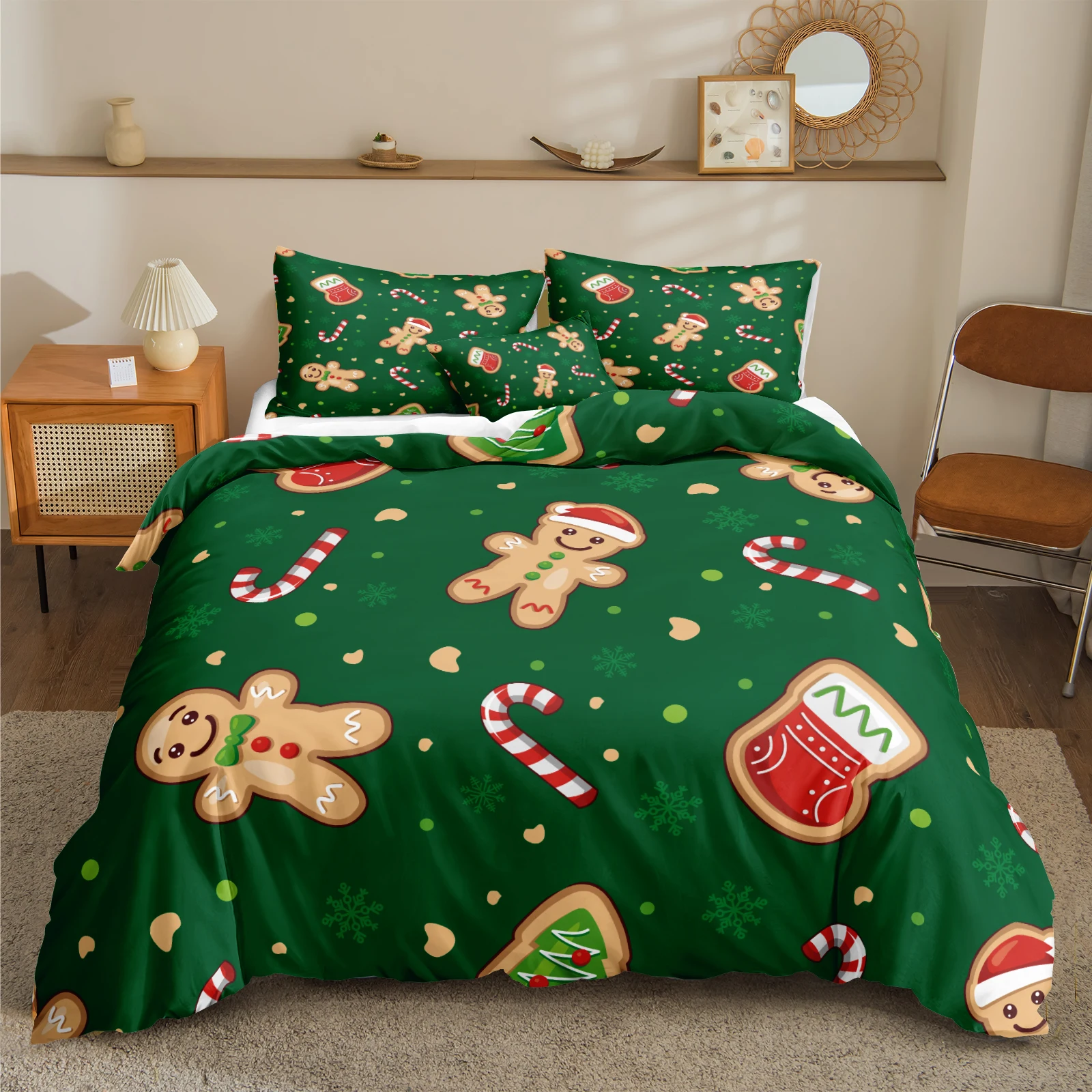 Christmas Duvet Cover Set Snowflake Gingerbread Design Cover Sets for Bed Green Cartoon Comforter Cover Set