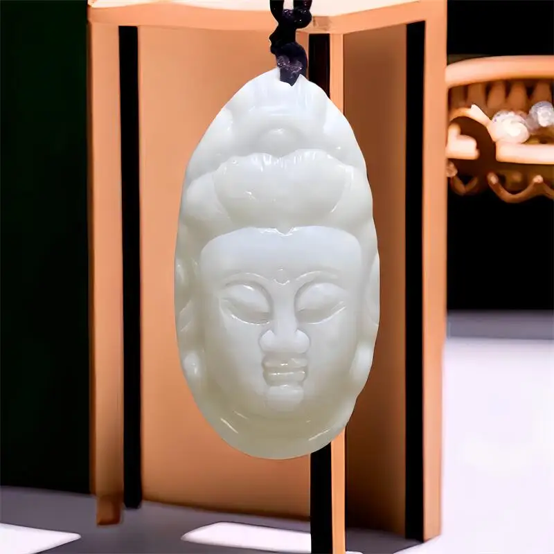 Natural White Real Jade Guanyin Pendant Necklace Vintage Talismans Charm Carved Jewelry Luxury Amulet Chinese Accessories Gift