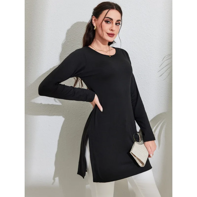T-shirt Long à fente Ne ronde pour femmes, coupe cintrée, élégant, décontracté, confortable, toutes saisons, porter un autre matériau 00%