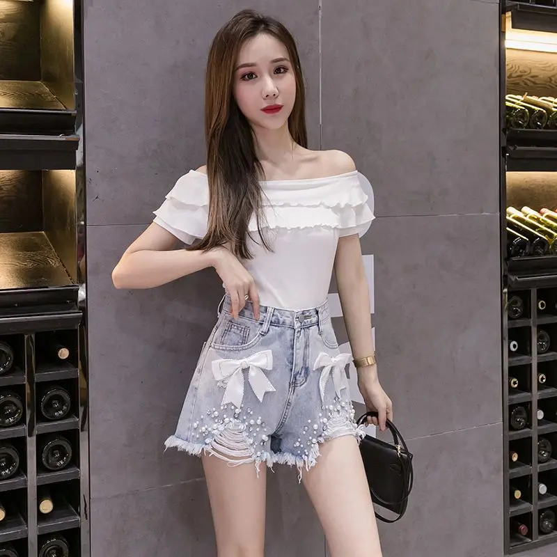 ​ ​ 하이 웨이스트 데님 반바지 여성 A 라인 3D 보우 나비 여름 새로운 한국 패션 ​ ​