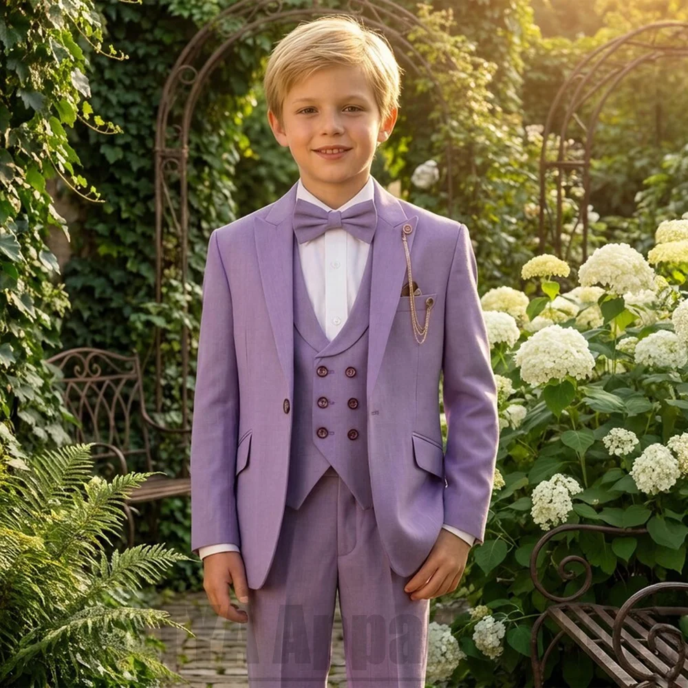 Boys Three Piece Suit Chic One Button Peak Lapel Outfit Kids Garden Wedding Page Boy Birthday Party Outdoor Photoshoot Tuxedo