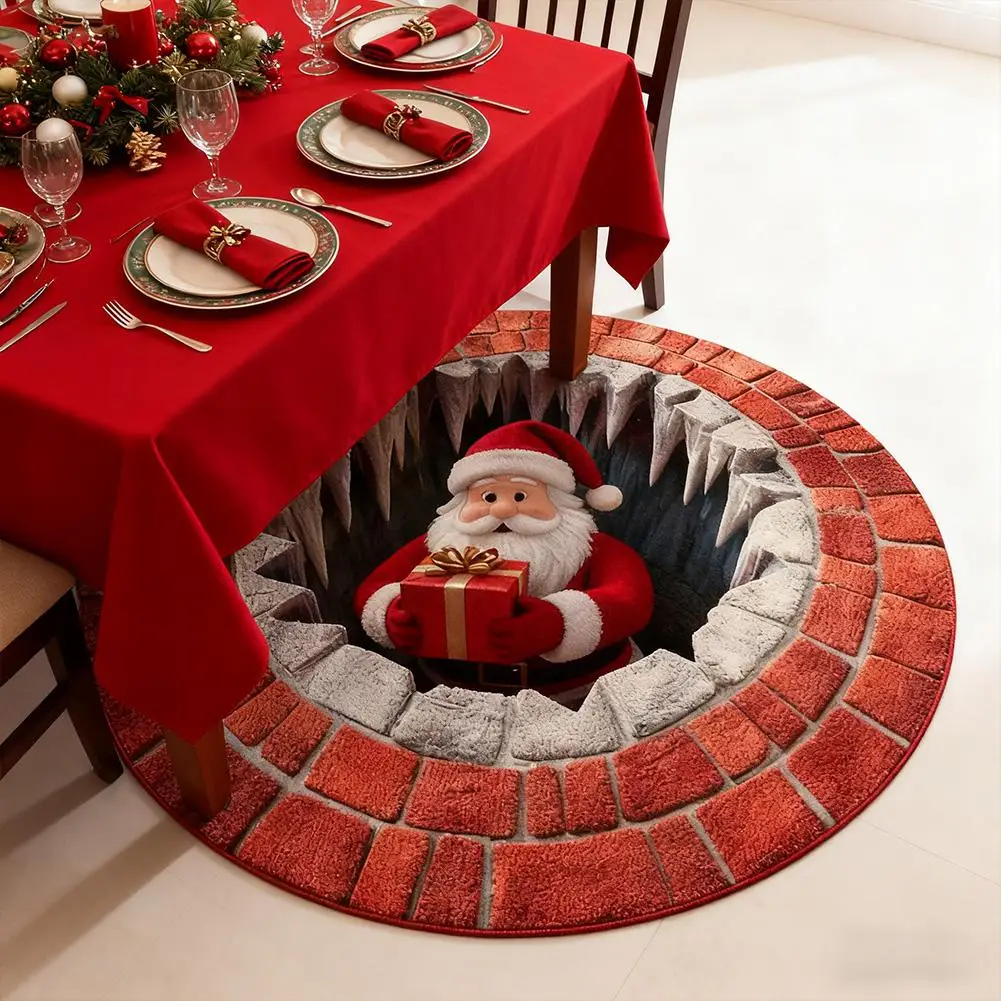 3d Christmas Round Rug Washable Non-Slip Xmas Rug Christmas 3d Rug Wear-Resistant For Bedroom Kitchen Entryway