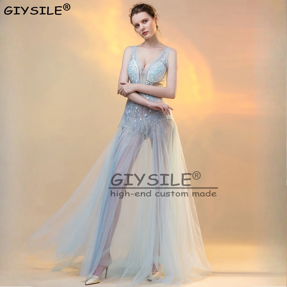 

GIYSILE Sexy Deep V Low Cut Mesh See Through Handmade Bead Sequins Floor Dragging Mermaid Dress Evening Clubbing Party Dresses