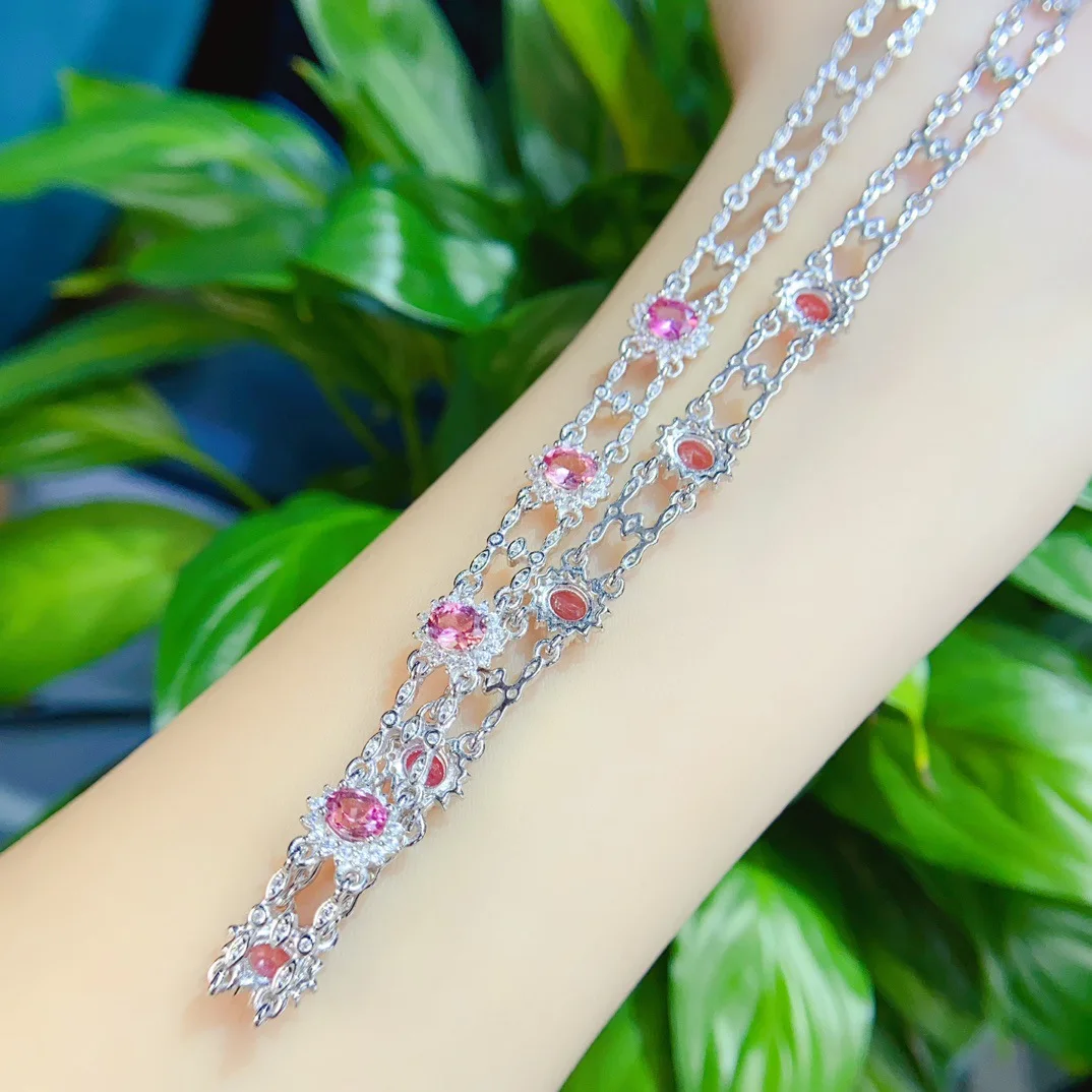 

Natural Pink Tourmaline Necklace Elegant Lace 4x5mm, S925 Silver Inlaid Pink Gemstone