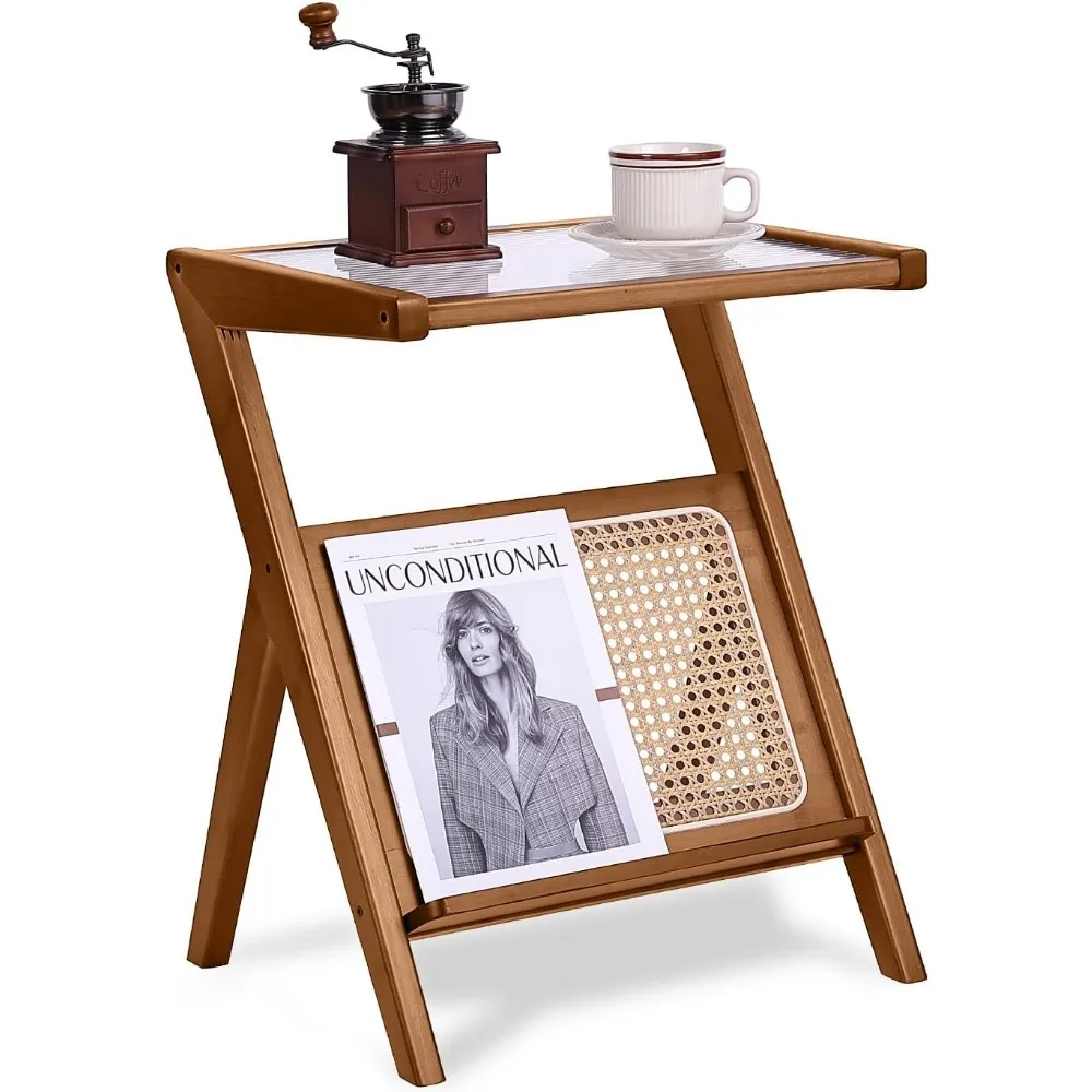 

Rattan Nightstand Side Table, Bamboo Accent Bedside Tables, Glass Coffee Tables, Boho Wooden End Table with Storage for Small S