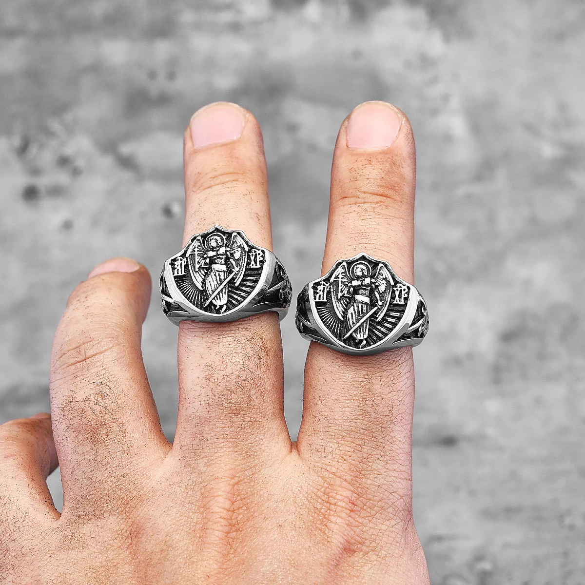 Archangel St.Michael Religion Amulet Stainless Steel Mens Rings Punk for Male Boyfriend Biker Jewelry Creativity Gift Wholesale