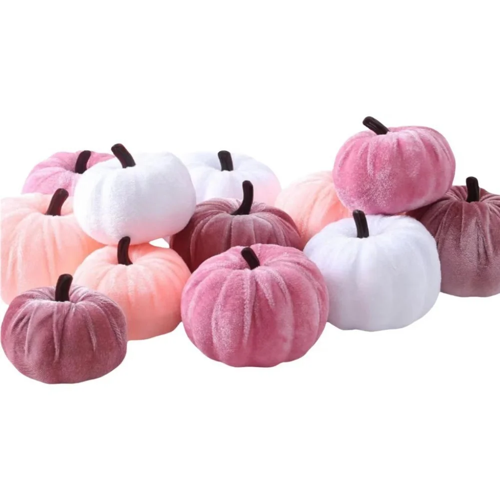 

12 Pcs Velvet Artificial Pumpkins in Pink & White - Perfect Fall Decor!