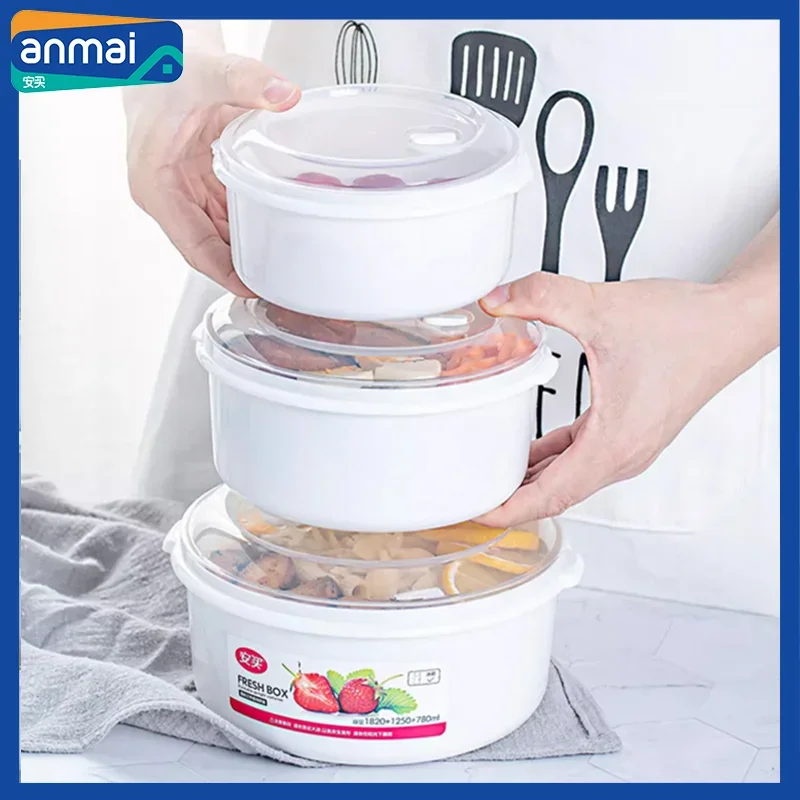 Anmai-fiambrera de plástico blanco para acampar, juego de contenedores de almacenamiento de alimentos, 3 piezas, Kimchi, cuencos de fideos instantáneos, nevera para microondas