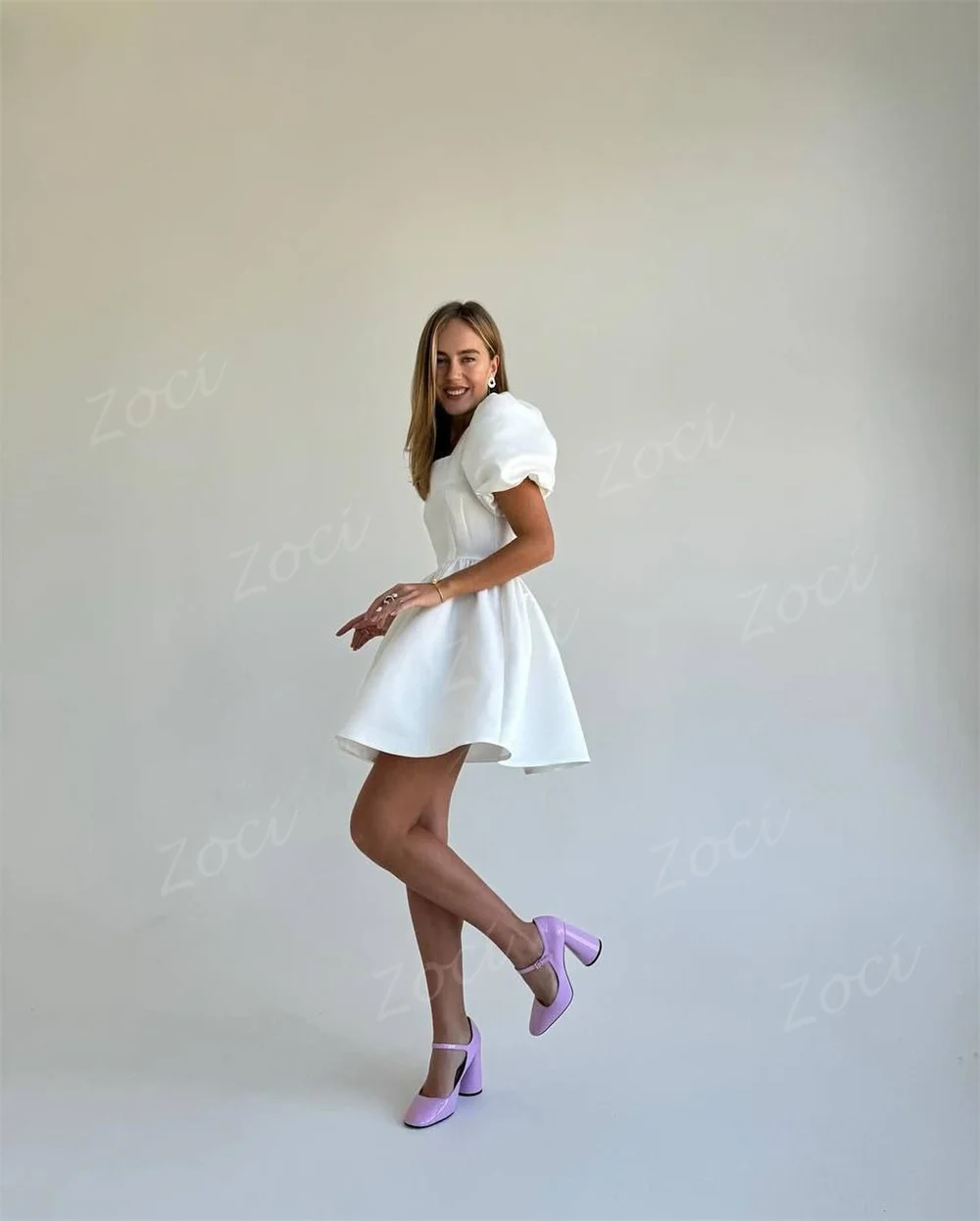 Zoci gola quadrada vestidos de baile curtos cetim uma linha manga curta puff vestido de baile personalizado vestidos de festa para ocasiões especiais