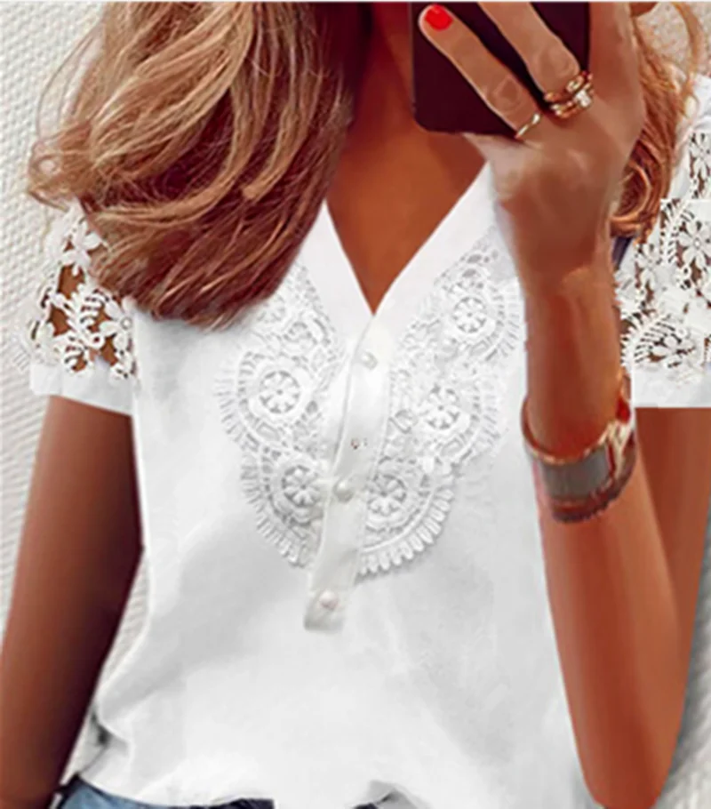 OL White V-ne Buttoned Lace Patchwork ort Sve irt Commute Sle Women's Top Polyester Fiber Straight Cut Blouse