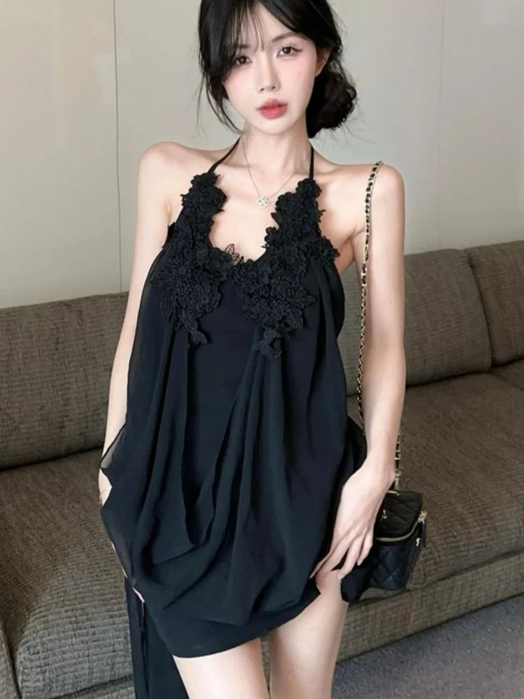 Vestido Preto Floral com Decote Costu nas Costas, Saia Solta de Chiffon para Mulheres, Saia Curta A-Line Única e Desejável