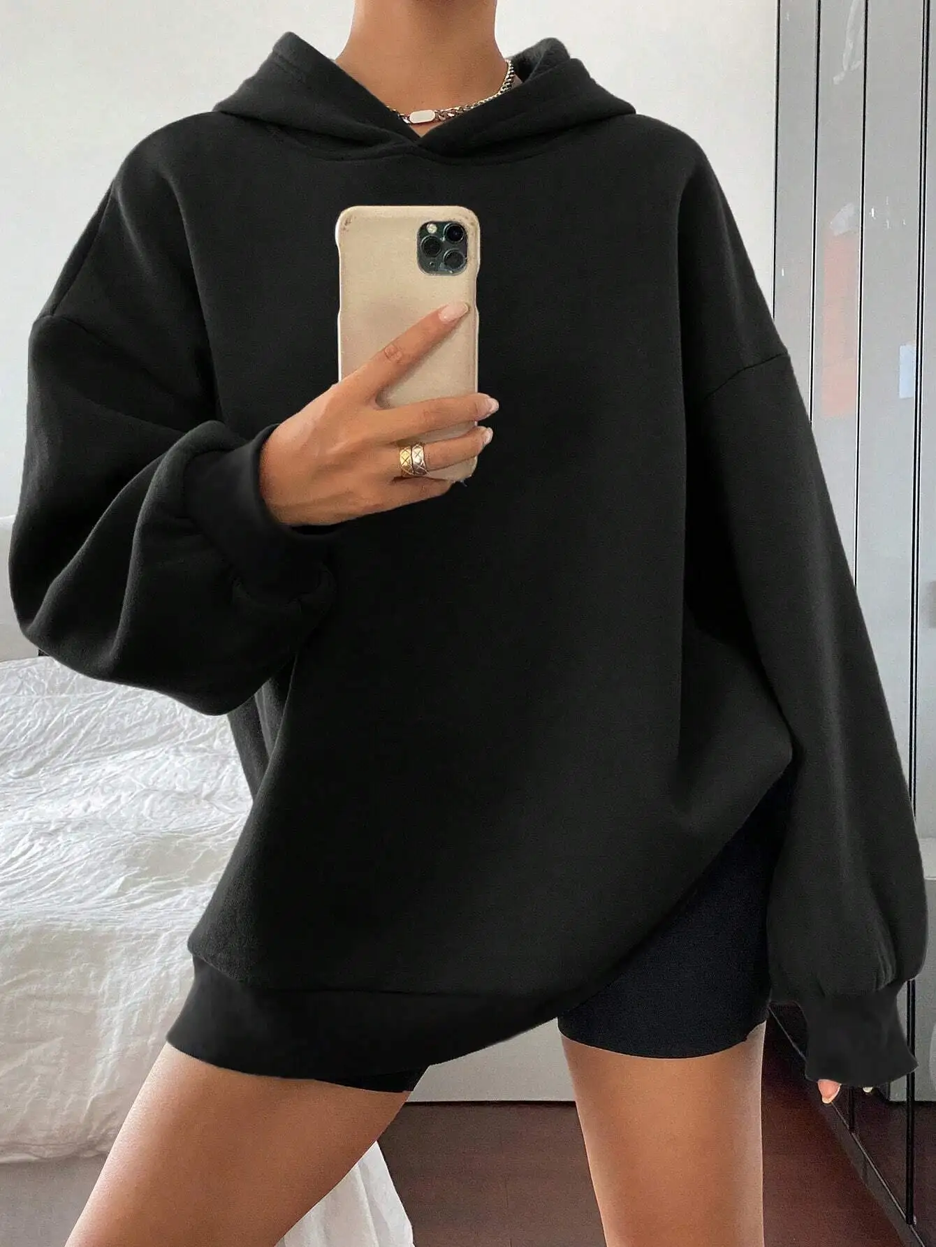 

Оверсайз черное худи для женщин, толстовка на термоподкладке, осенний уличный стиль