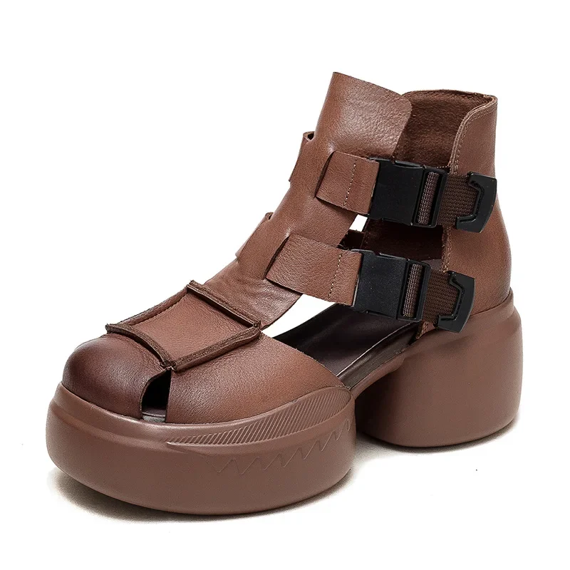 GKTINOO 2024 New Summer Black Women Genuine Leather Sandals Cool Boots Platform Shoes Wedges Sandals Women Shoes Outdoor Sandals