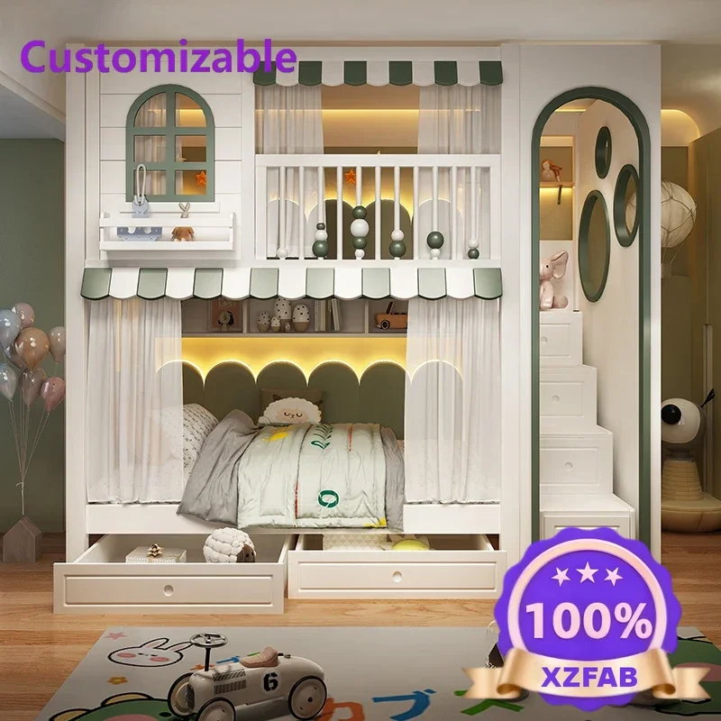 Factory Direct 2026 Full solid wood children's bed on and off bed with broadband arch high and  bunk  high guardrail slide cabin