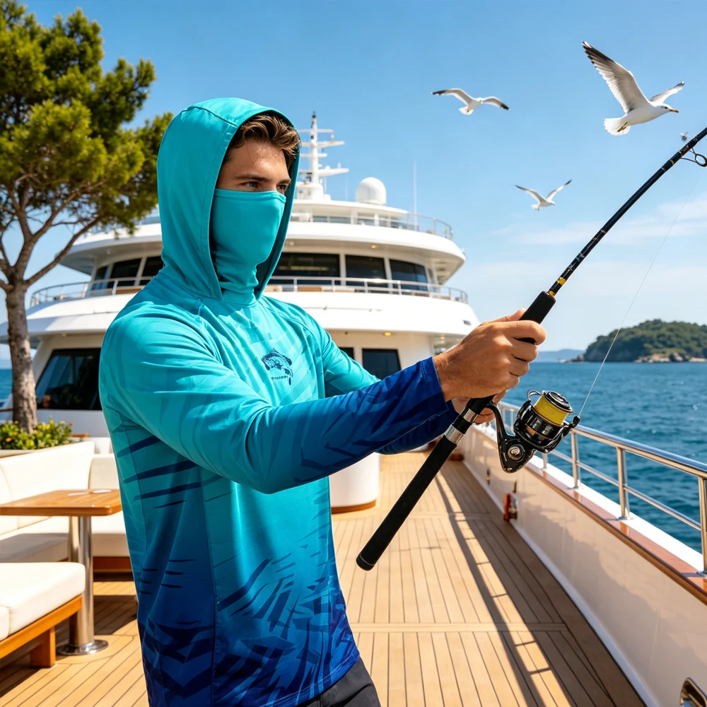 

Luxury Breathable Men Fishing Shirt Long Sleeve Hooded With Face Mask UPF50+ Quick Dry UV Protection Fishing Top Wear for Hiking