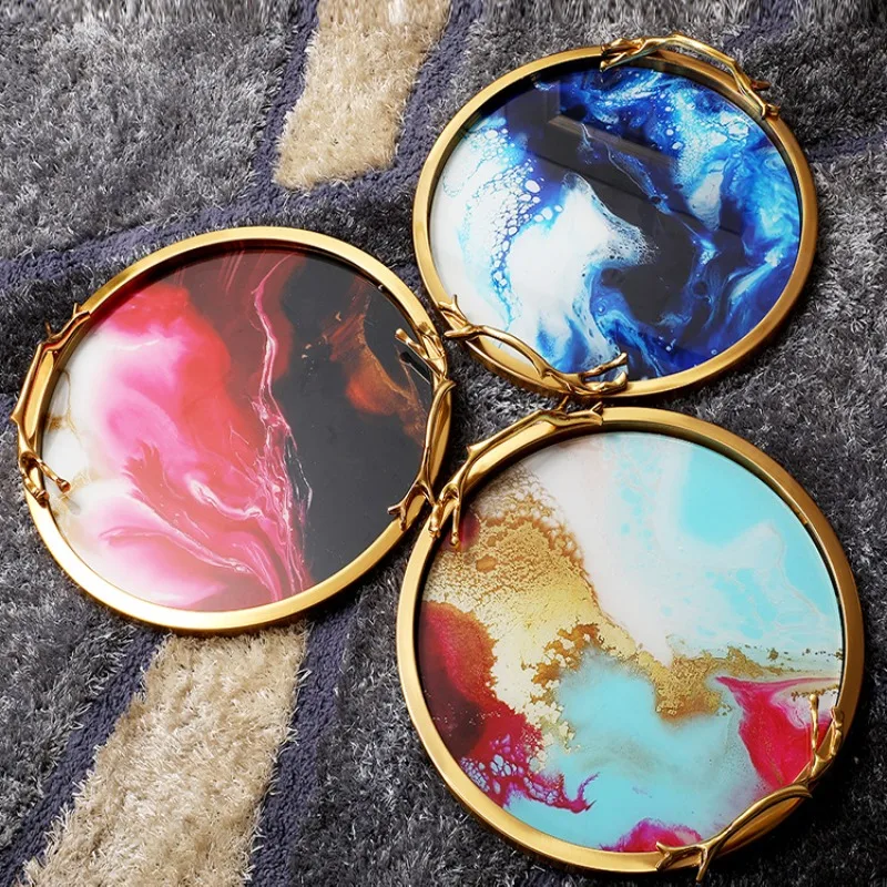 

Nordic light luxury style glass storage tray home decoration ornament tea set disc European metal handicraft