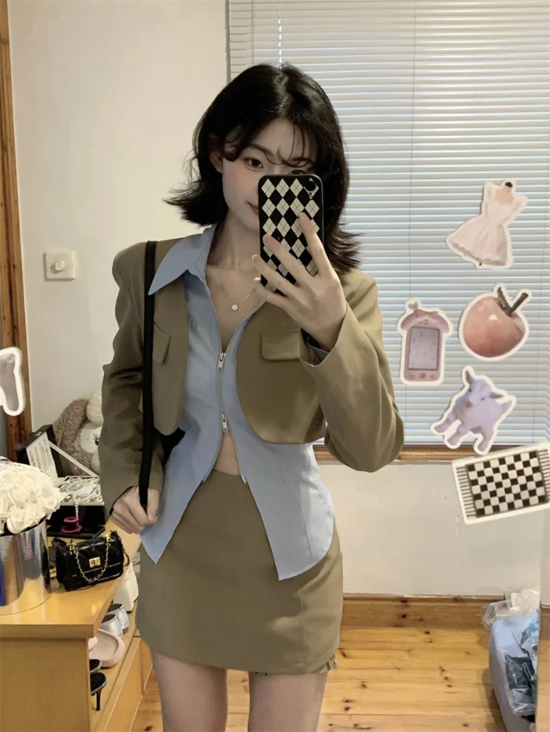 Autumn Elegant Retro New 3 Piece Set Women Pretty Solid Vintage Mini Skirt Suit Female Korean Fashion Slim Chic Sweet Suit 2024