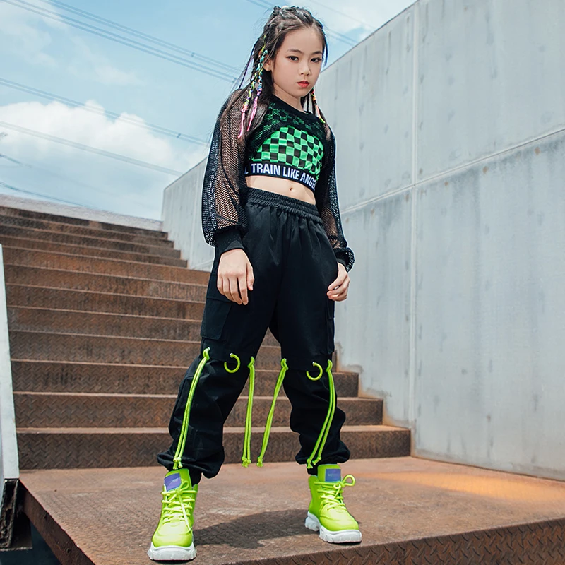 Hip Hop Pants Jazz Street Dance Stage Wear Ballroom Hip Hop Dancing Clothes Girls Net Tops Green Lattice Vest Loose Black