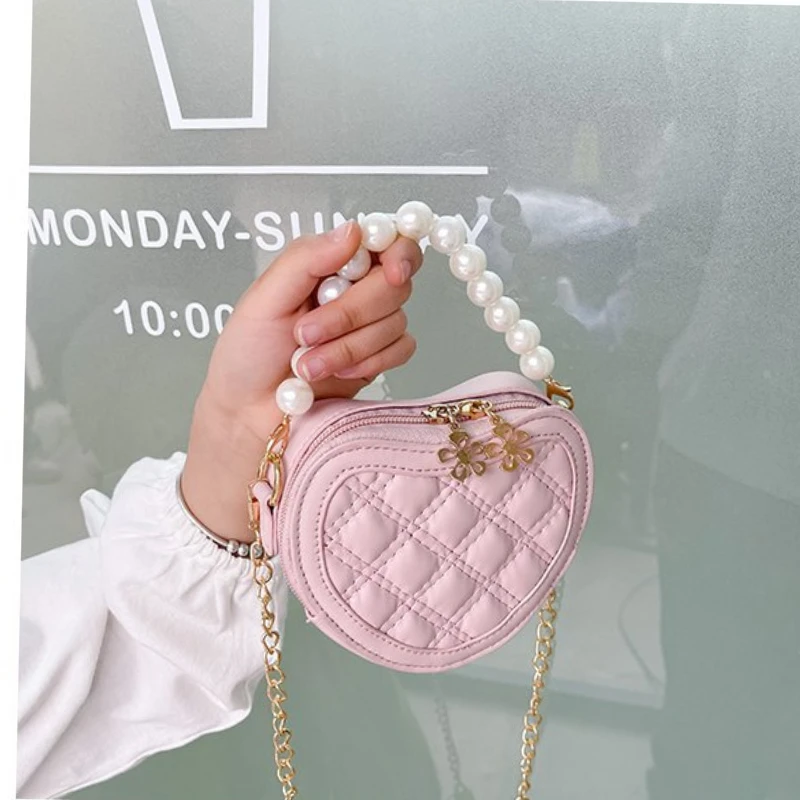 Pearl Handle Girls Mini Shoulder Messenger Bag Princess Wallet Coin Purse Handbags Cute Children's Heart-shaped Crossbody Bags