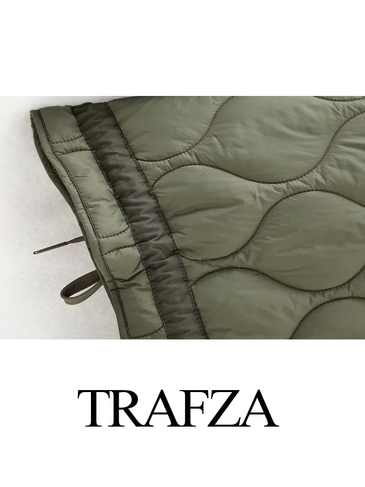 TRAFZA Fashion Women Oversized Quilted Jacket Winter Standing Collar Long Sleeve Front Zipper With Buttons Vintage Warm Coat