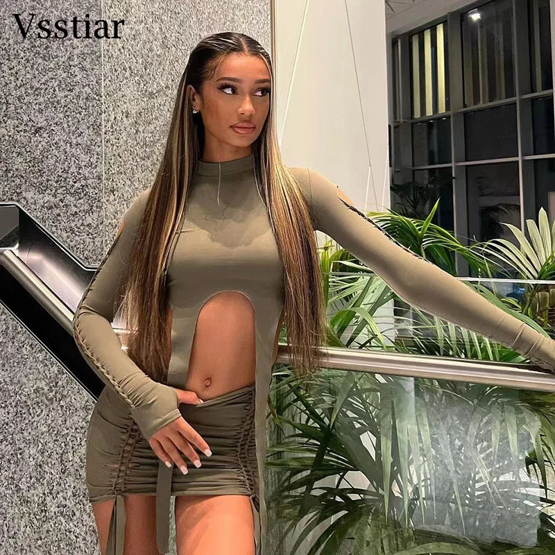 

Vsstiar Fall Sexy Hollow Out Women Bandage Two Piece Set Long Sleeve Skinny Shirts Top And Mini Skirts Fashion Party Outfits