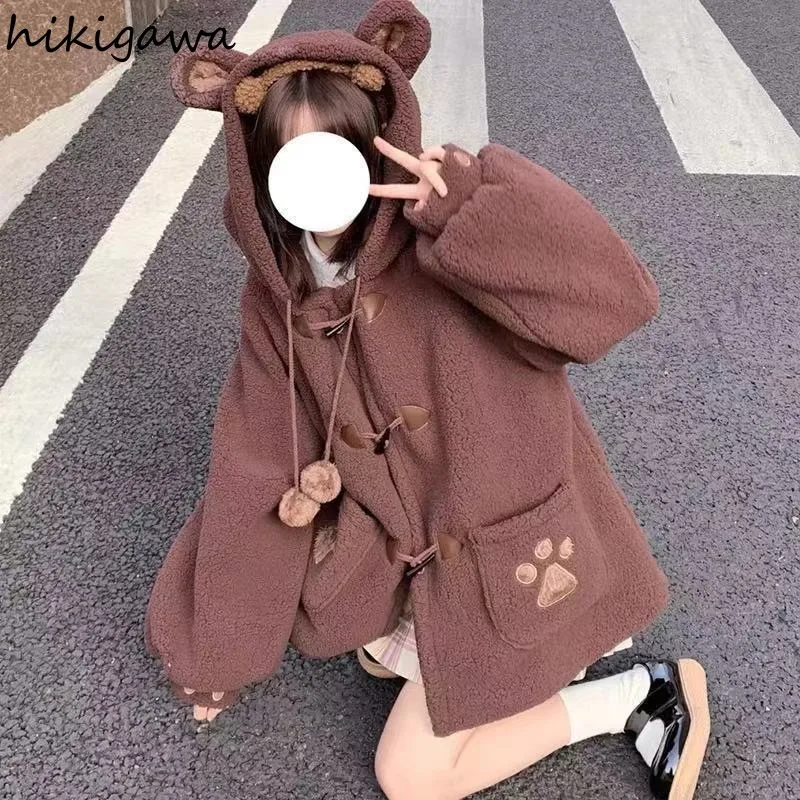 Cute Japanese Jackets Women 2023 Ropa Mujer Preppy Style Fall Winter Clothes Hooded Thicked Outwear Y2k Tops Fashion Sweet Coat