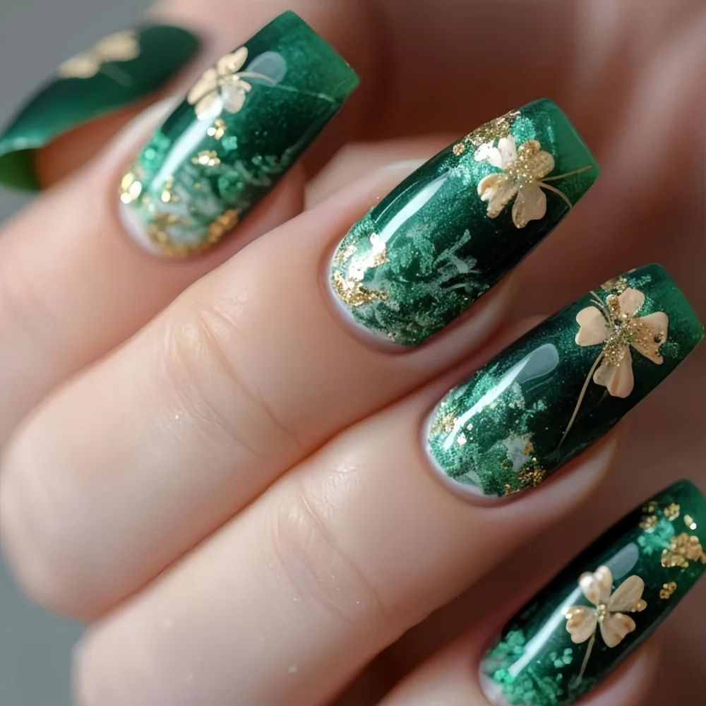 

24pcs St. Patrick'S Day Press-On Nails Set Square Shape with Glitter Clover Design Glossy Mixed Green Tones Fits All Ladies