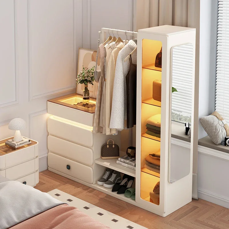 Small apartment bedroom floor-to-ceiling hanging wardrobe coat rack full-length mirror integrated cream wind